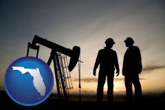 florida map icon and an oil well and two oil workers at dusk