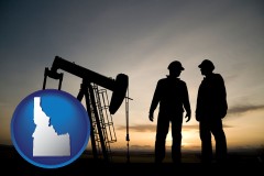 idaho map icon and an oil well and two oil workers at dusk
