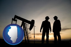 illinois map icon and an oil well and two oil workers at dusk