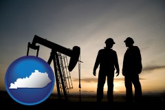 kentucky map icon and an oil well and two oil workers at dusk
