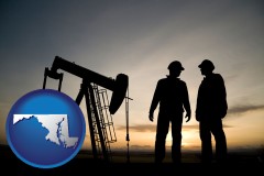 maryland map icon and an oil well and two oil workers at dusk
