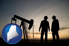 maine map icon and an oil well and two oil workers at dusk