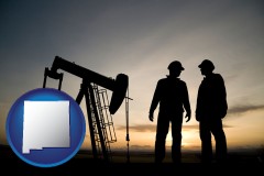 new-mexico map icon and an oil well and two oil workers at dusk