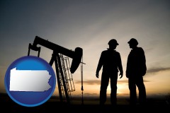 pennsylvania map icon and an oil well and two oil workers at dusk
