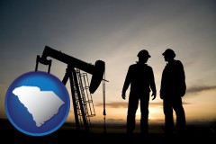 south-carolina map icon and an oil well and two oil workers at dusk