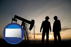 south-dakota map icon and an oil well and two oil workers at dusk