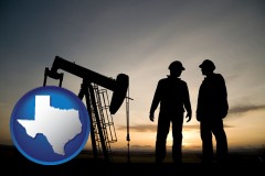 texas map icon and an oil well and two oil workers at dusk