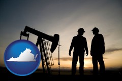 virginia map icon and an oil well and two oil workers at dusk
