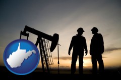 west-virginia map icon and an oil well and two oil workers at dusk