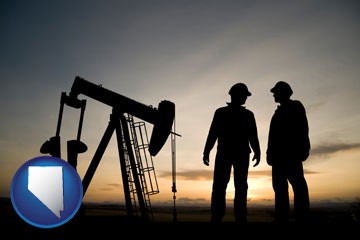 an oil well and two oil workers at dusk - with Nevada icon