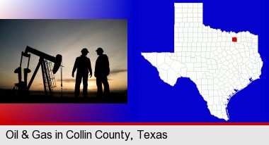 an oil well and two oil workers at dusk; Collin County highlighted in red on a map