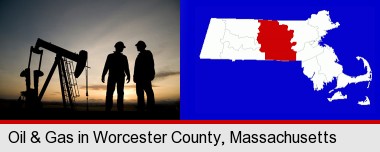 an oil well and two oil workers at dusk; Worcester County highlighted in red on a map